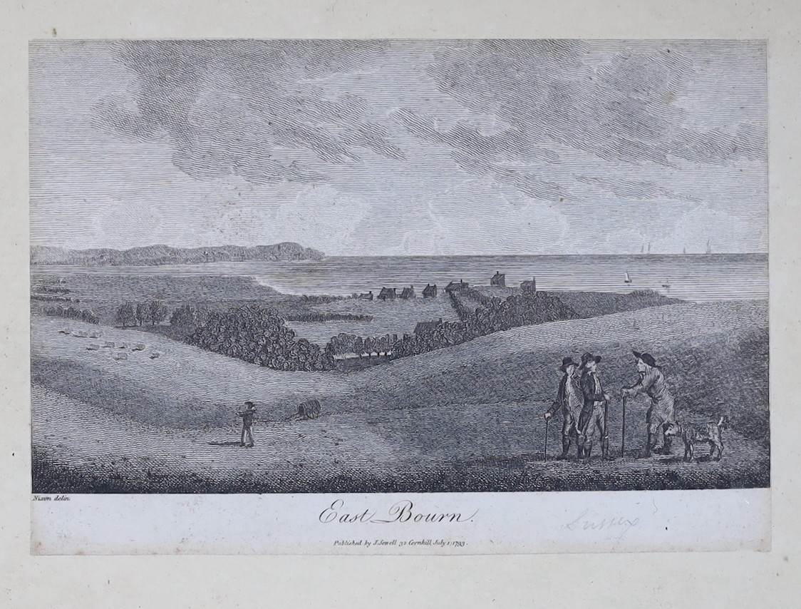 Two antique prints of Eastbourne; an engraving by Niven, 'East Bourn', 1793, 12 x 17cm and a 'View of The Thames East Indiamen stranded near East Bourne 1822', 27 x 35cm